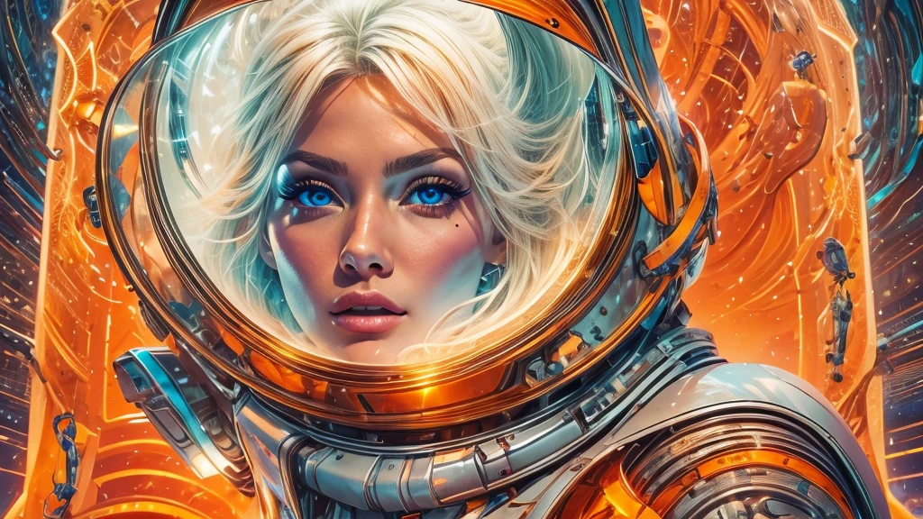 arafed image of a white woman in a futuristic suit with a spaceship in the background, movie art, in front of an orange background, inspired by Robert McGinnis, female protagonist, megastructure in the background, portrait of an ai astronaut, astronauts, an astronaut, portrait of a astronaut skeletor, perfect android girl, detailed eyes, perfectly detailed teeth, frank franzzeta and sakimichan  