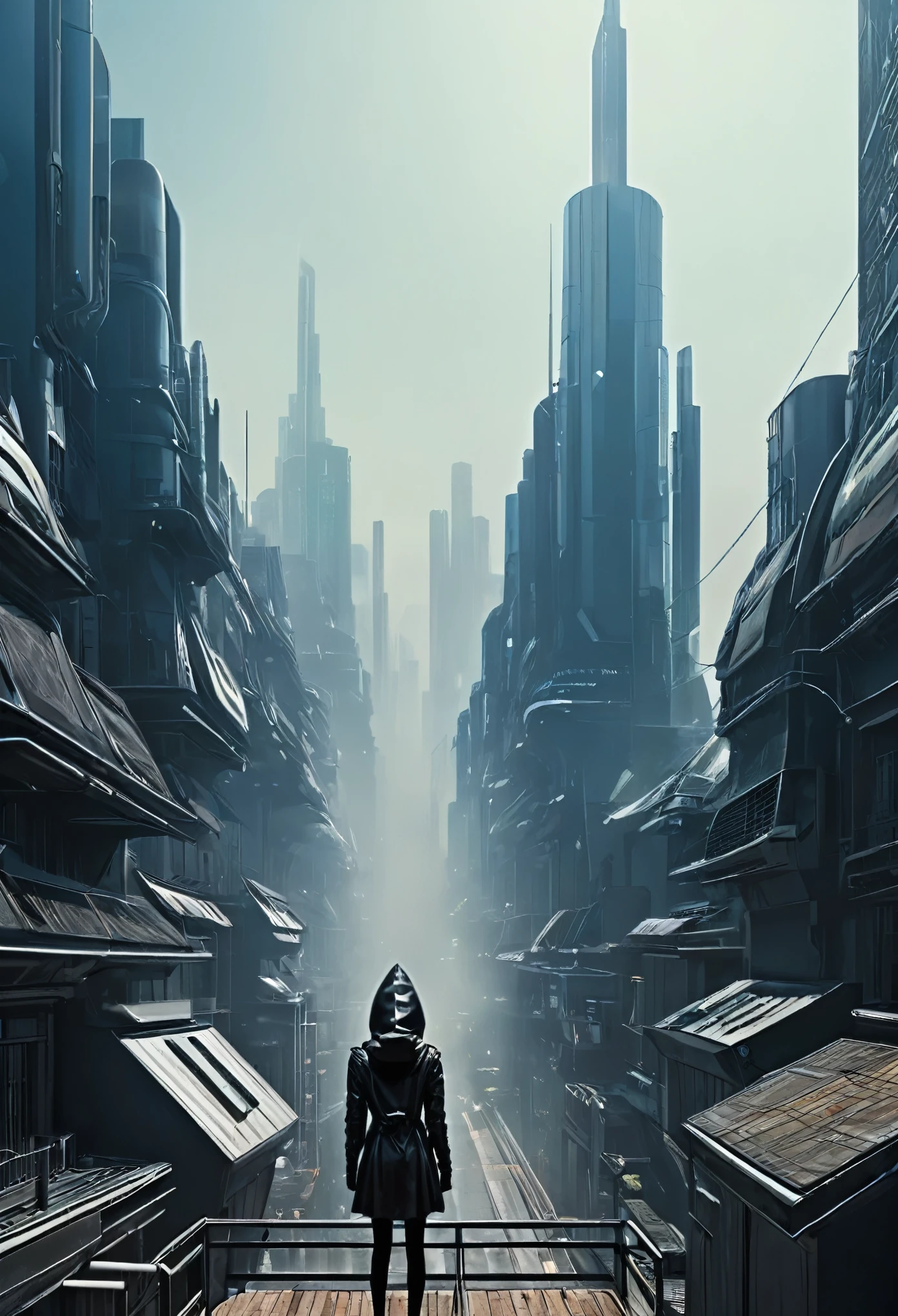 image taken from a balcony of a futuristic building with a GIRL on her back and DRESSED WITH A HOOD looking at an aerial view of an ultra futuristic North American megalopolis, view of the entire city with many metal buildings and houses in dark colors from dark blue to black, a cidade tem tons de cinza metal, has smoky metal structures , industrial environment with smoke and fog around, carros escuros nas ruas, desert megalopolis, trilhos e trens modernos de de metal passando estre as ruas da cidade, tall futuristic metal buildings, many ultra modern buildings around, , as realistic as possible, As detailed as possible, Science fiction
