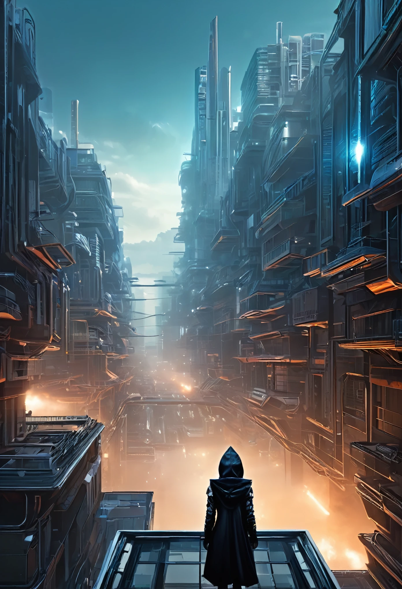 image taken from a balcony of a futuristic building with a GIRL on her back and DRESSED WITH A HOOD looking at an aerial view of an ultra futuristic North American megalopolis, view of the entire city with many metal buildings and houses in dark colors from dark blue to black, a cidade tem tons de cinza metal, has smoky metal structures , industrial environment with smoke and fog around, carros escuros nas ruas, desert megalopolis, trilhos e trens modernos de de metal passando estre as ruas da cidade, tall futuristic metal buildings, many ultra modern buildings around, , as realistic as possible, As detailed as possible, Science fiction
