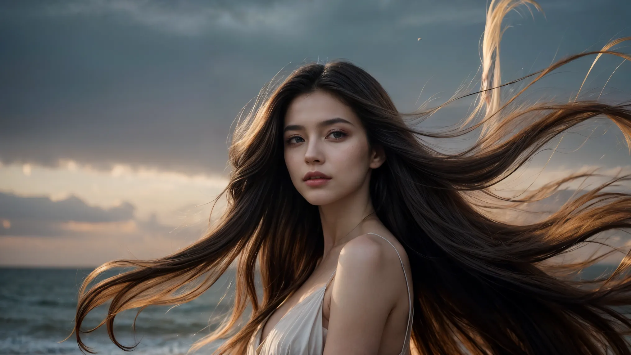 envision a radiant woman graced with luxuriously long hair, elegantly attired in a cocktail dress. Her locks are not merely long...