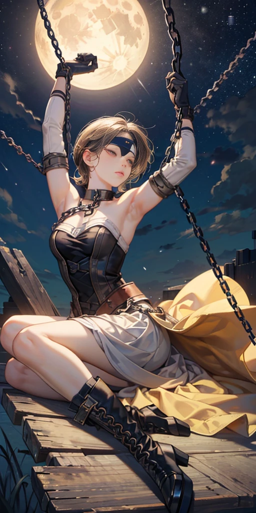 masterpiece, best quality, JingliuV5, 1girl, solo, gloves, gloves, dress, bare shoulders, closed mouth, boots, sky, black gloves, black footwear, blindfold, night sky, full moon, elbow gloves, armpits, arms up, ((chain, bound, restrained:1.3)), sitting, wariza, night, starry sky, sky, cowboy shot, view from below, far shot