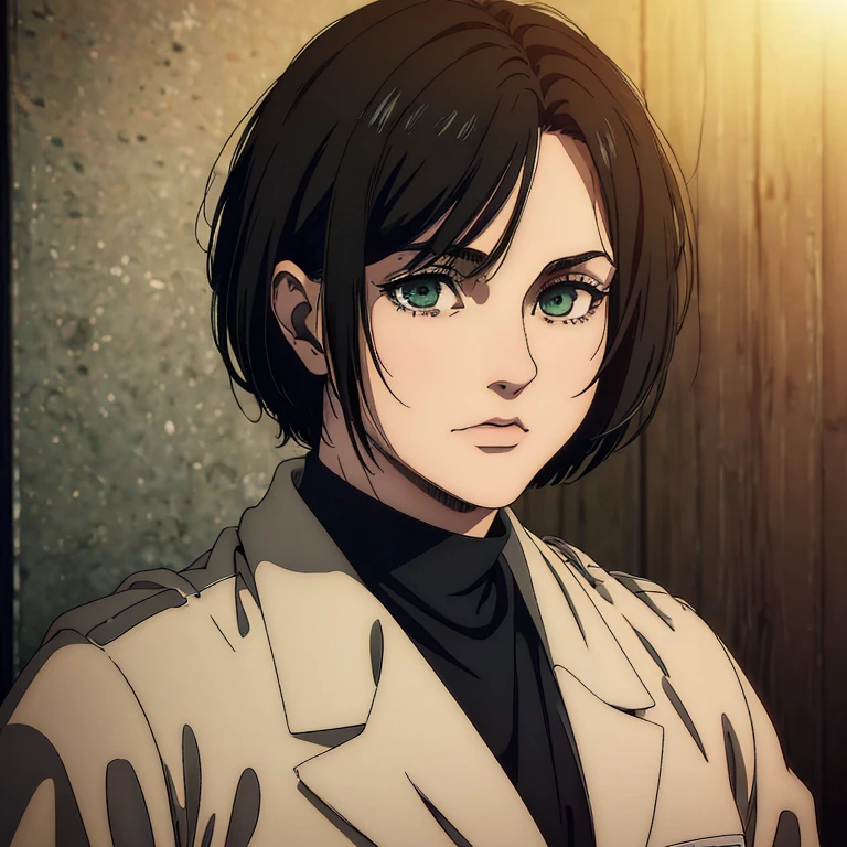 best quality, highres, masterpiece:1.2), ultra-detailed, (realistic, photorealistic, photo-realistic:1.37), 30 year old female character,  Mappa art style, detailed hazel green eyes highlight light reflecting in his eyes , and raven black short hair well styled, she has sharp jawline , she is wearing  doctor white lab  coat