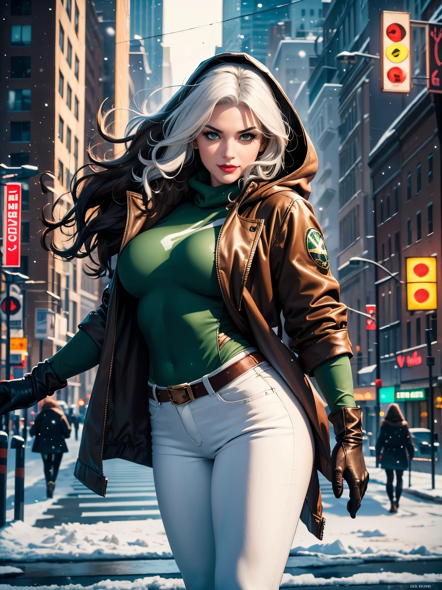 (masterpiece:1.0), (best_quality:1.2), (dark shot:1.3), Classic Rogue, 1991 Rogue X-Men, 1 girl, Only 1, head to toe view, standing on a street corner, elegant pose, (clothing: brown winter coat with a hood, hood over head, down lining, white scarf, green jumper, denim jeans, gloves), medium length hair, brown hair, wavy hair, one lock of white hair, green eyes, mischievous look, smirk, parted lips, fit figure, medium breasts, red lipstick, heavy makeup, confident look, backlit, (realism: 1.5), (Realistic: 1.4), (Absurdity:1.4), 8k, ultra-detailed, Detailed Beautiful Woman, very physically fit girl, (background: midnight, snowing, on the streets of New York, snowy night), official art, extremely detailed CG unity 8k wallpaper, perfect lighting, Colorful, ultra high res, photography, 8K, HDR, Kodak portra 400, film grain, blurry background, (bokeh:1.2), (vibrant_color:1.2), film grain:1.2, (warm hue, warm tone:1.2), (color photo), professional photograph