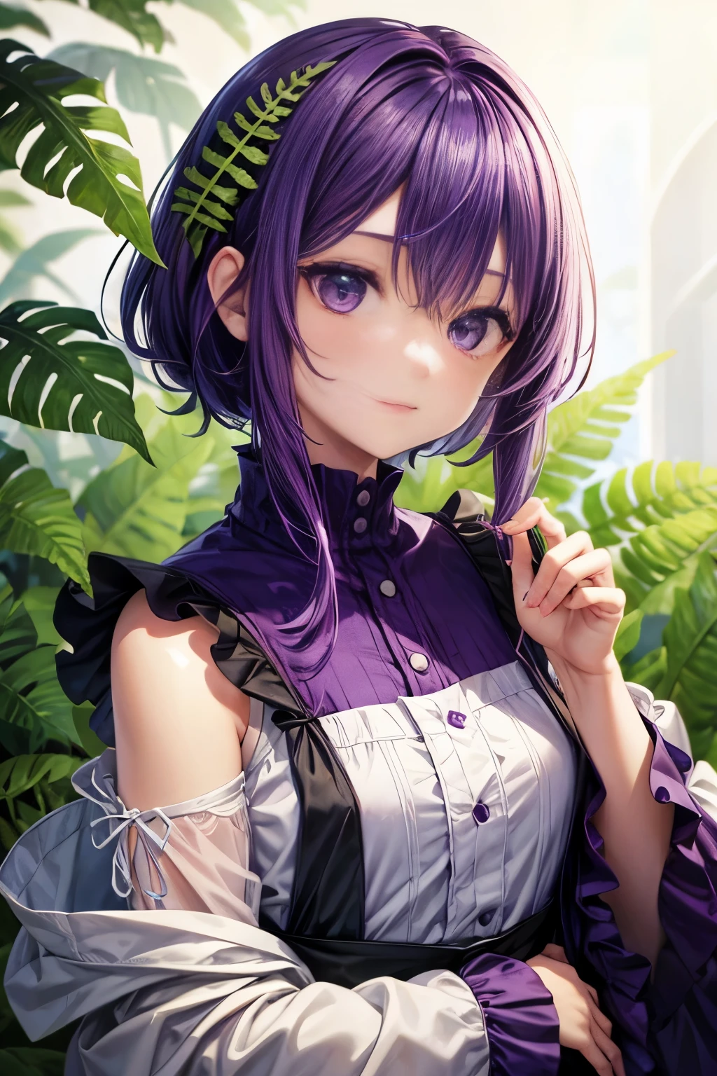 Fern, Fern_Clothes, Purple Hair, Purple eyes, Upper Body, cute, I&#39;m looking forward to, View your viewers, Look forward, Combat Post, Attack pose, magic circle, Plain background, Flat Illustration, 2D, staff, magic staff