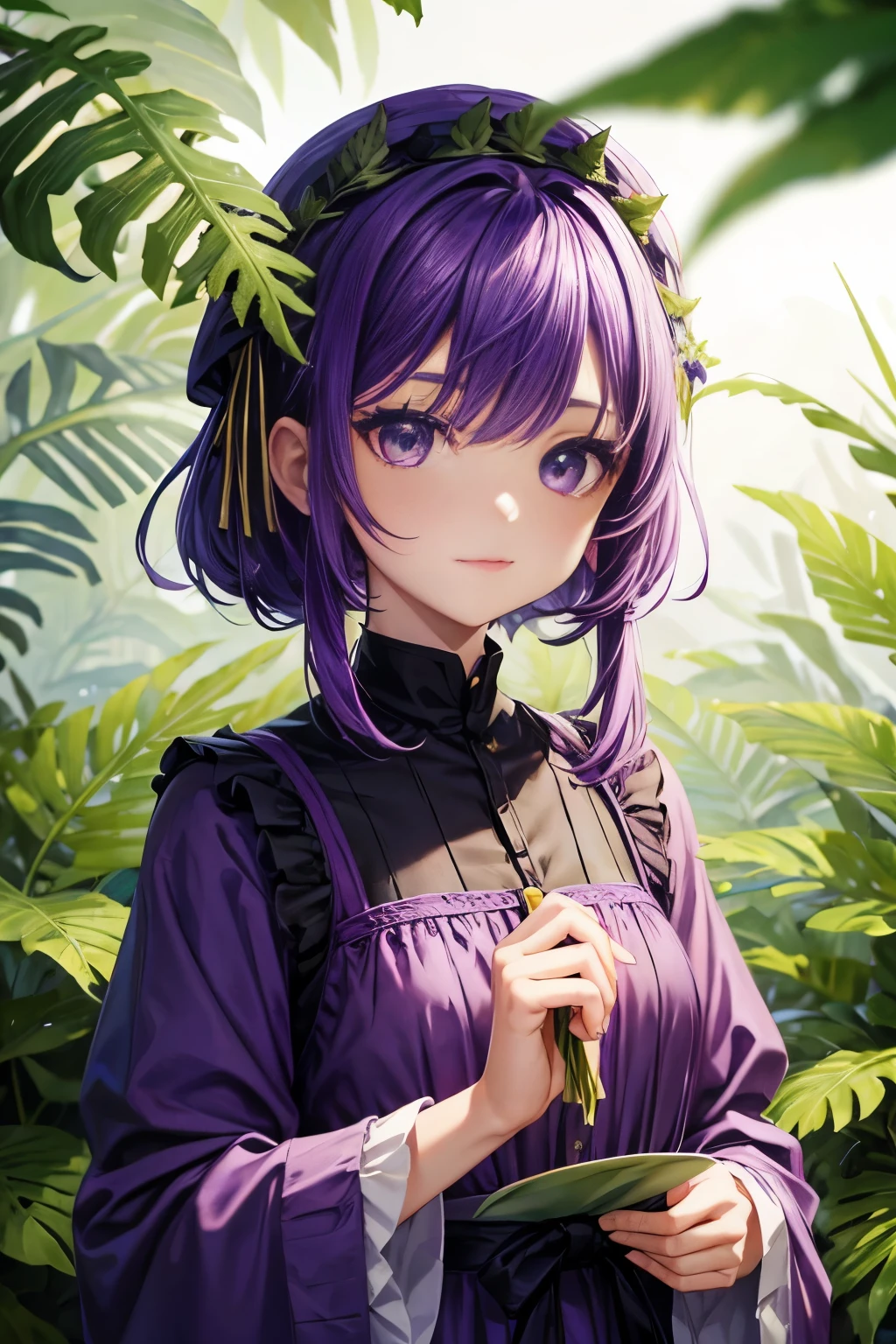 Fern, Fern_Clothes, Purple Hair, Purple eyes, Upper Body, cute, I&#39;m looking forward to, View your viewers, Look forward, Combat Post, Attack pose, magic circle, Plain background, Flat Illustration, 2D, staff, magic staff