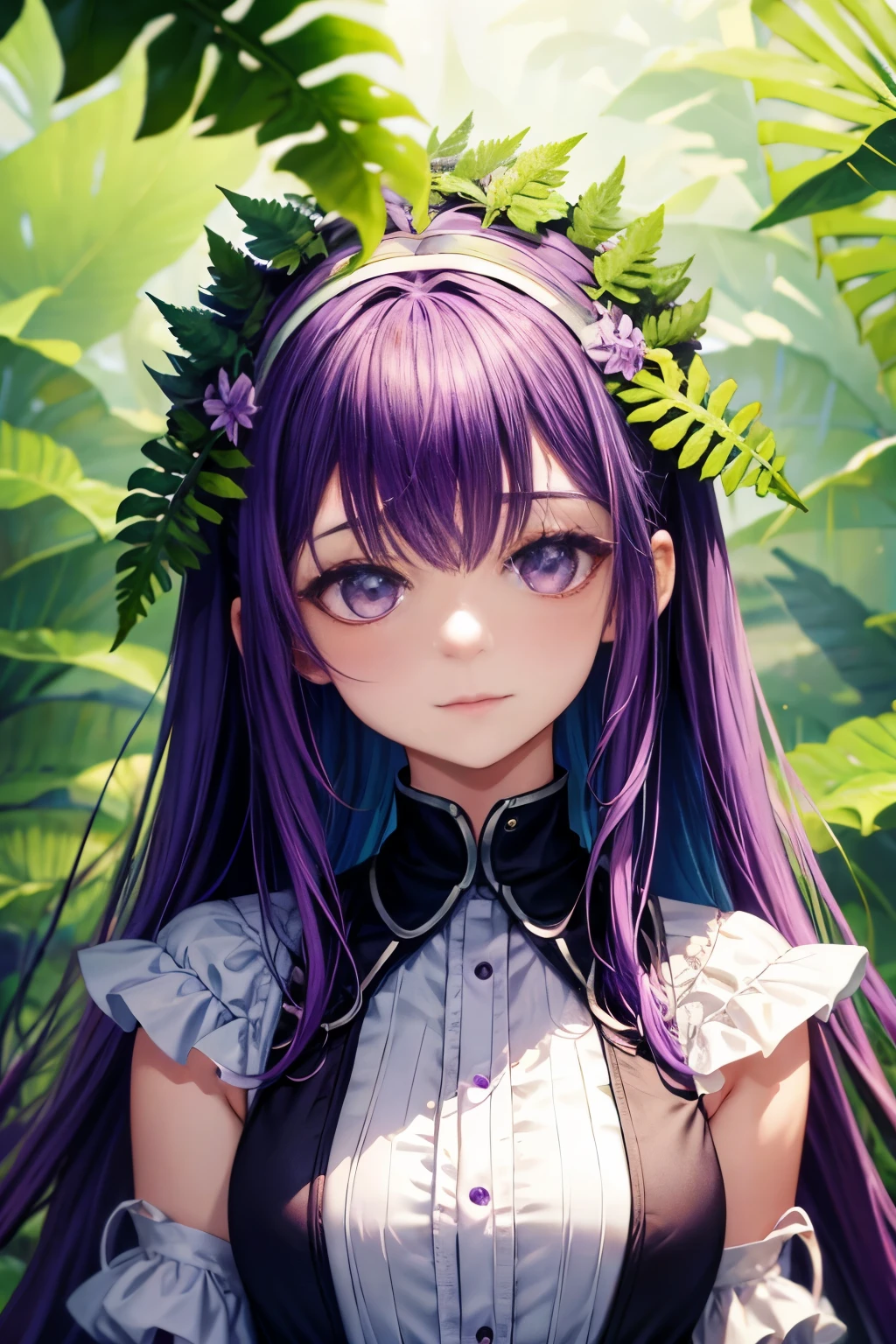 Fern, Fern_Clothes, Purple Hair, Purple eyes, Upper Body, cute, I&#39;m looking forward to, View your viewers, Look forward, Combat Post, Attack pose, magic circle, Plain background, Flat Illustration, 2D, staff, magic staff