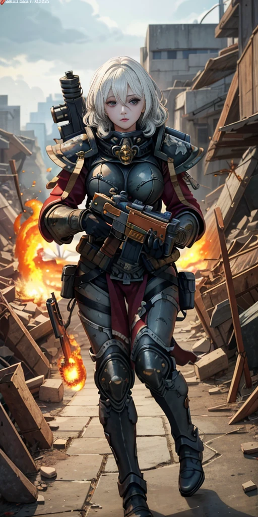 (masterpiece:1.2), (best quality:1.2), perfect eyes, perfect face, perfect lighting, 1girl, mature whsororitas with a laser rifle in her hands, scar over one eye, eyepatch, red tabard, white hair, warhammer 40k, chaos, fire, scifi, detailed ruined city background, power armor