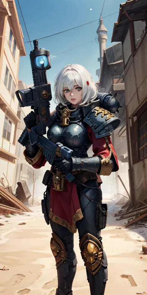 (masterpiece:1.2), (best quality:1.2), perfect eyes, perfect face, perfect lighting, 1girl, mature whsororitas with a laser rifl...