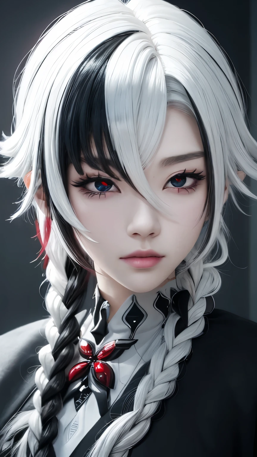 （8k，RAW photos，Reality：1.25），（Lip Gloss，eyelash，Glossy face，Glowing skin，Best quality，Super，Depth of Field，Chromatic Aberration，Caustics，Broad Light，Natural shadows，Kpop idol）Watching the audience with tranquility and goddess-like happiness，White hair，Black Hair，Colorful Hair，short hair，Straight Hair，White hair long braid，Glowing red eyes，Red X pupil