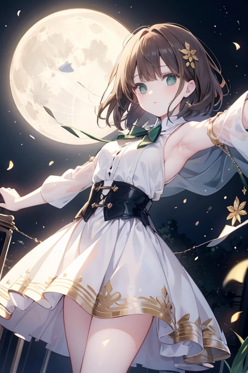 Girl with brown hair, medium hair loose, green eyes, pale skin, raising her arms with the moon behind shining at night