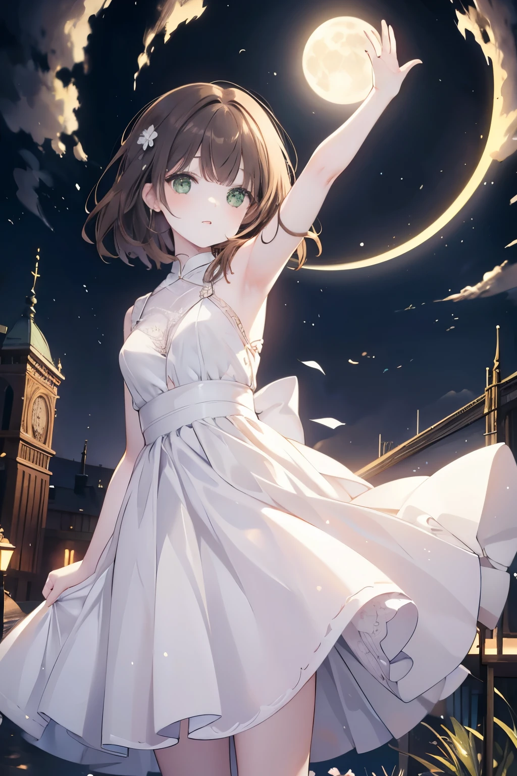 Girl with brown hair, medium hair loose, green eyes, pale skin, raising her arms with the moon behind shining at night