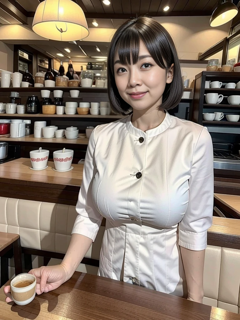 highest quality,8K,masterpiece,high resolution,Mature women in their 40s,Wrinkles around the eyes,The background is a cafe,Cafe attendant costume,Larger breasts、Bob cut hair,Full Body Shot