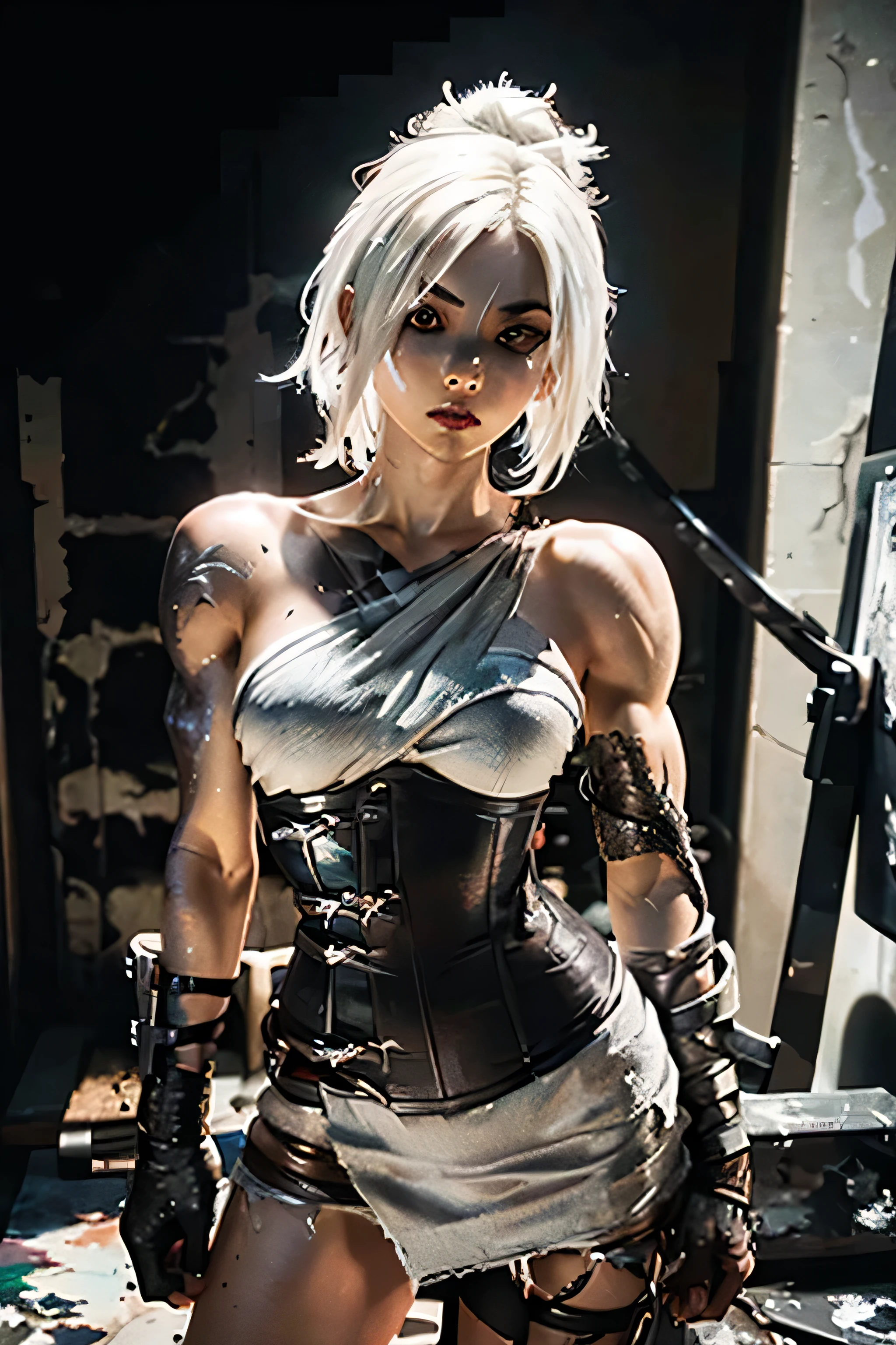 (Masterpiece:1.2), Best quality, ripped \(league of legends\), 1girl, Mini dress, corset, White hair, Black eye shadow, Sarashi, Female muscular, stomach muscles, White hair, Black eye shadow, Bare shoulders, Full body, painting