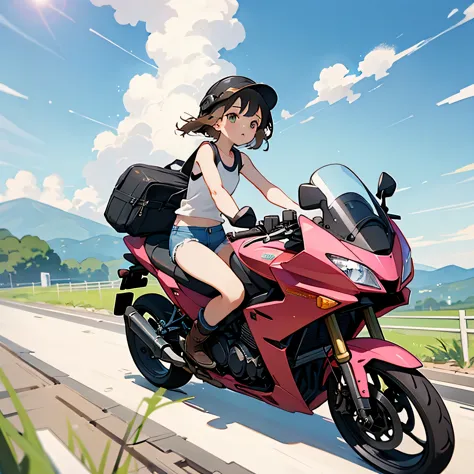 highest quality、a girl is riding a motorbike、dark brown short cut、he is wearing a jet helmet with white and black lines running ...