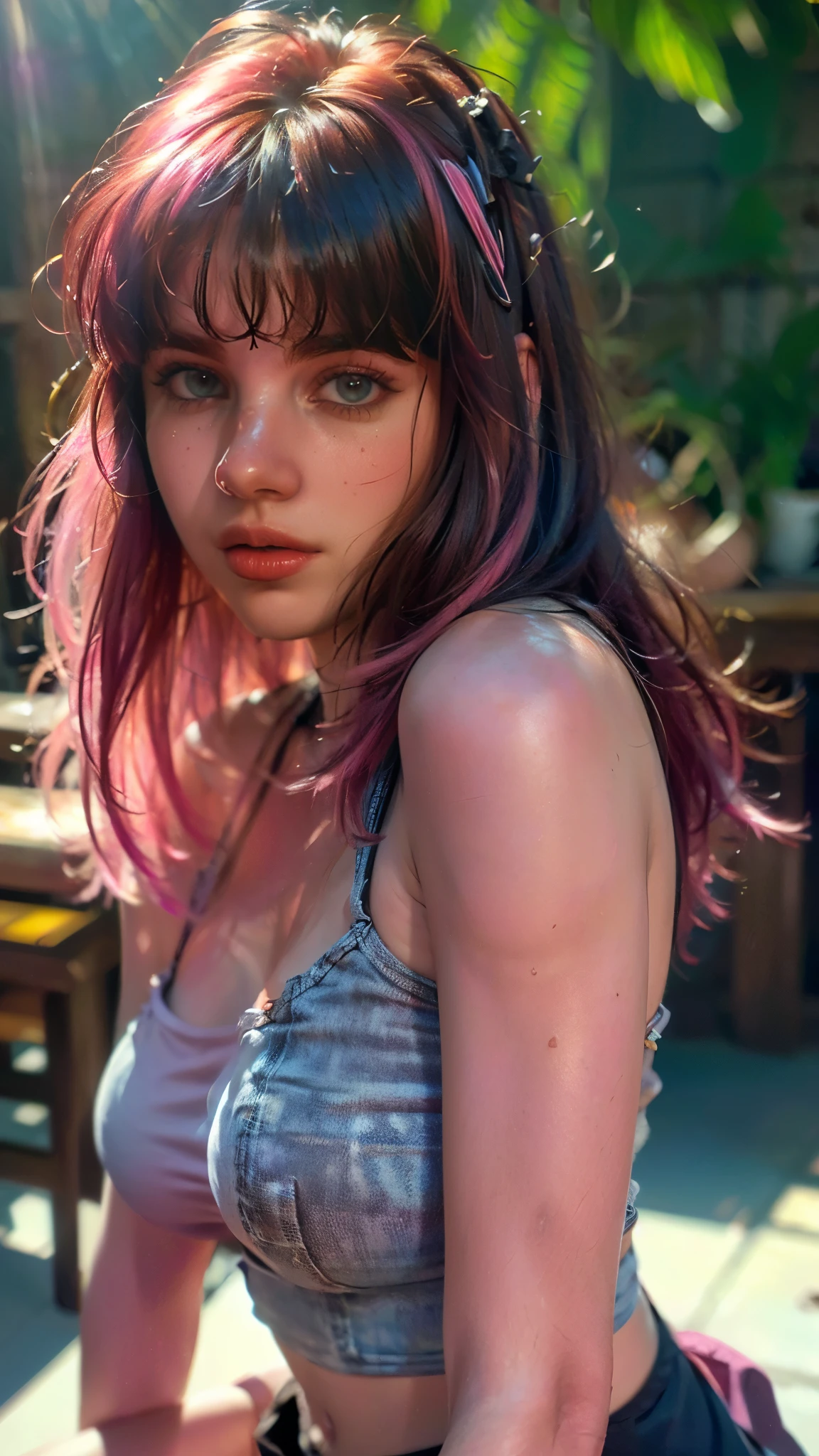 (((ultra realistic))) Photo, masterpiece, top quality, (pale skin), (Ultra detailed face and eyes:1.3), 1 girl, Adult, in a T-shirt, ((Eye makeup, pink mascara)), ((A slight smile)), ((large detailed lips)), ((Pink hair in the wind)), ((Chyolka)) , (Natural breasts), Slim waist. ((Posing)), photoshoot, studio (soft lighting), (The play of light and shadows), depth of field, bokeh, (special attention to skin detail: 1.2), Detailed leather texture, skin pores. (Warm atmosphere of the frame. Color range - purple, Pink, blue tones), UDR, ((Film grain)), ((rays)), (Glare), ((waist up portrait)) , ultra detialed, 