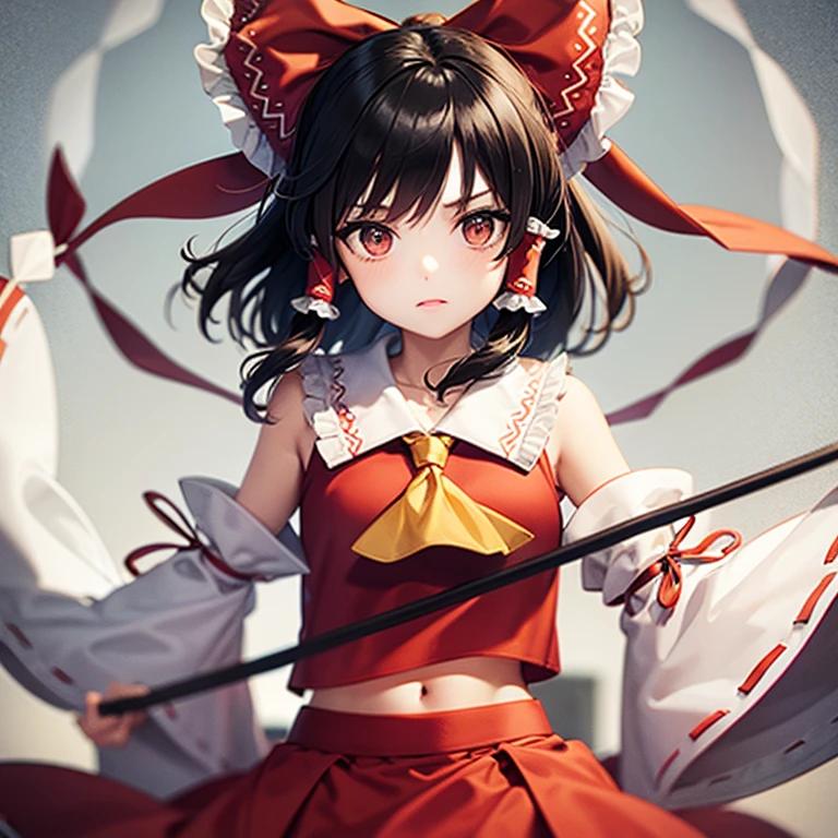 hakurei reimu, red bow, yellow ascot, bare shoulders, ribbon trim, skirt set, detached sleeves, ribbon, hair tubes, brown hair, black hair, brown eyes, sidelocks, hair bow, gohei, bow, long hair, bangs, skirt, navel, ribbon-trimmed sleeves, frilled bow, red skirt, long sleeves, frills, shirt, breasts, short hair, red eyes, ascot, wide sleeves