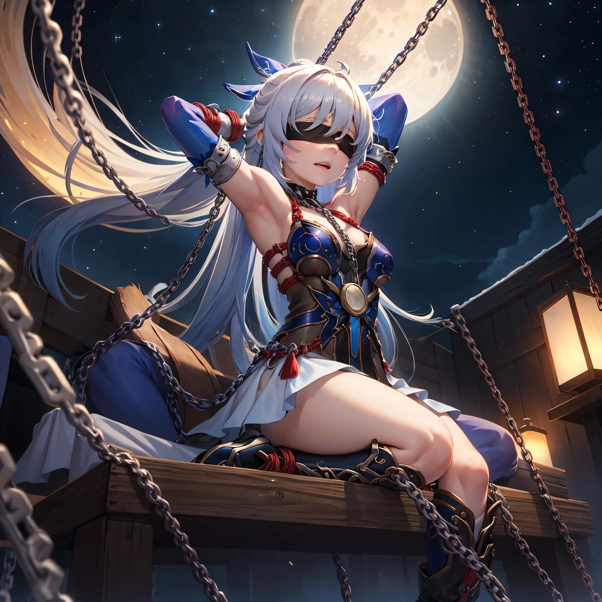 masterpiece, best quality, JingliuV5, 1girl, solo, gloves, gloves, dress, bare shoulders, closed mouth, boots, sky, black gloves, black footwear, blindfold, night sky, full moon, elbow gloves, armpits, arms up, ((chain, bound, restrained:1.3)), sitting, wariza, night, starry sky, sky, cowboy shot, view from below, far shot