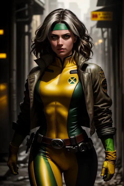(dark shot: 1.1), epic realistic, Rogue from X-Men, 1 girl, only 1, beautiful, angry look, green eyes, dark brown hair, (one whi...