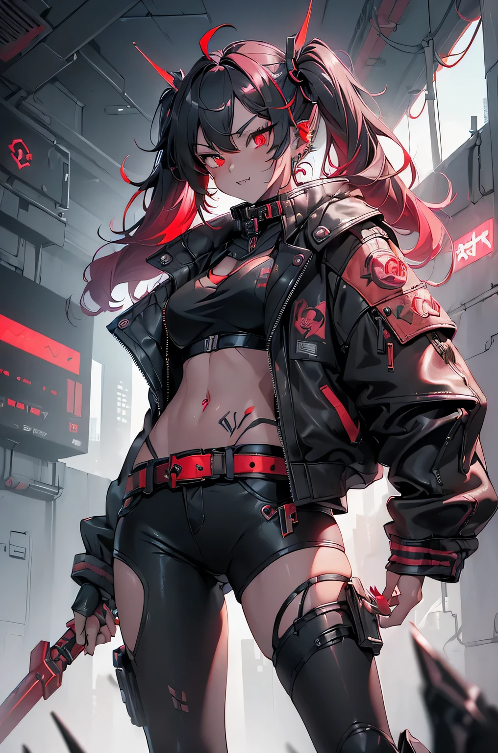 One girl, Rebecca \(cyber punk\), ((full body,Dynamic Angle,He holds a weapon in his right hand, raised it to his shoulder, and carries it on his shoulder.,Holding a hammer in your hand:1.35)),(One Woman,Pink twisted twin tails, glowing Red eyes,Laugh fearlessly, Leg Tattoos, Neck Tattoo,  Large Breasts, Black bra, String, Red pupils, Leather Fang, Red eyes, Black jacket:1.3),cyber punk,cyber cityscape,