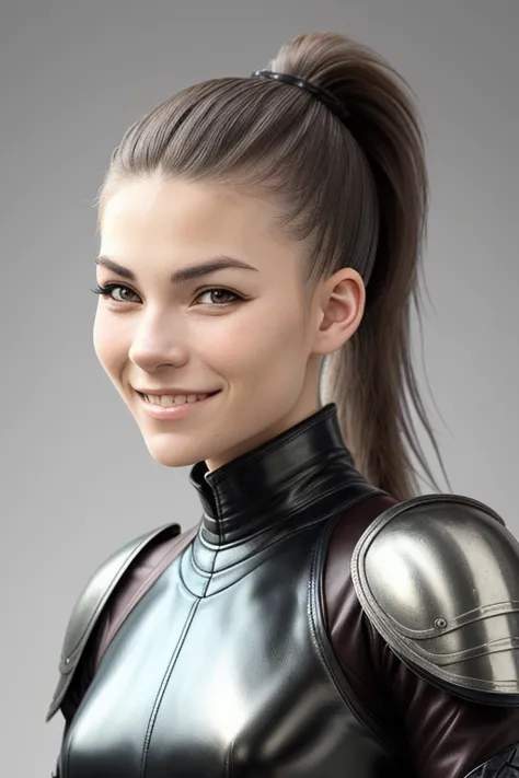 headshot photo of evelinandras, focus on smiling face, wearing leather armor , her hair is styled as twisted ponytail,