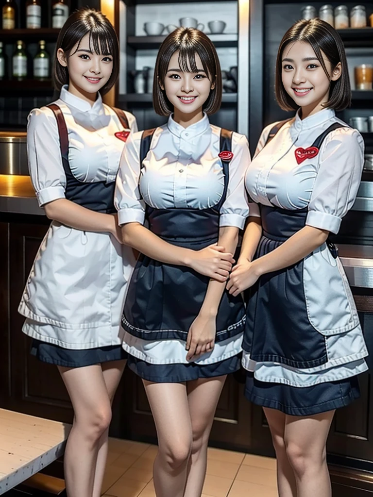 (highest quality),(8K),(masterpiece),(high resolution),(Crisp image quality),Three Women,The background is a cafe,Cafe attendant costume,Larger breasts、Short Hair,Full Body Shot,Waitress Uniform,smile