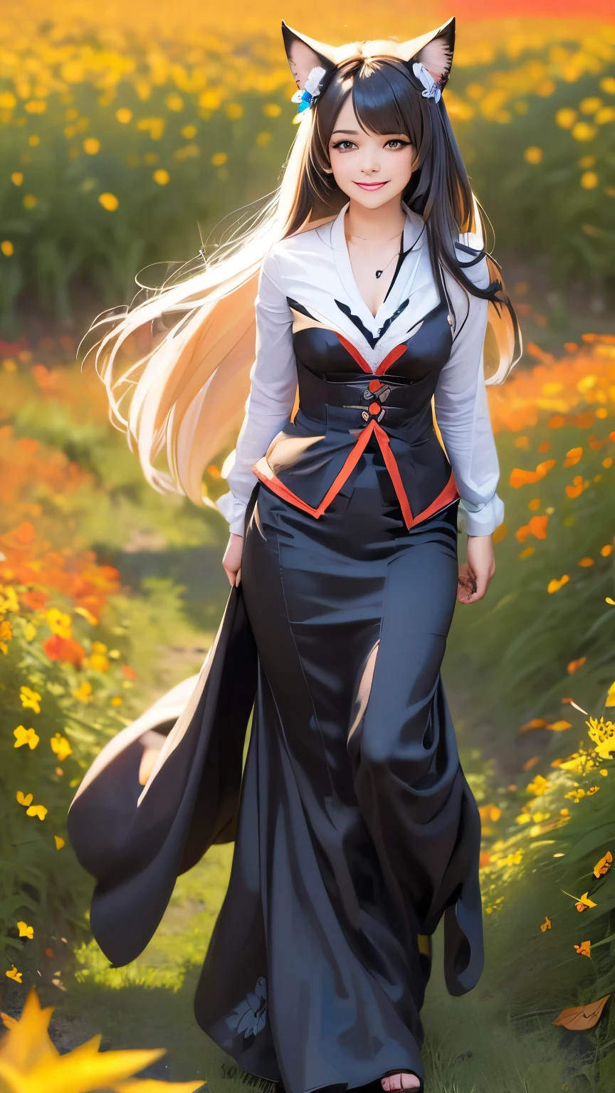 best quality, (masterpiece:1.35), wallpaper, (illustration), original, (depth of field), (1girl:1.35), (solo), full body, dynamic, detailed face,mature female, adult, (old:1.3), Medium breasts, Amused, happy,miko clothing, flower trim,absurdly long hair, black hair,dog ears volumetric lighting, fall leaves, Tyndall effect,