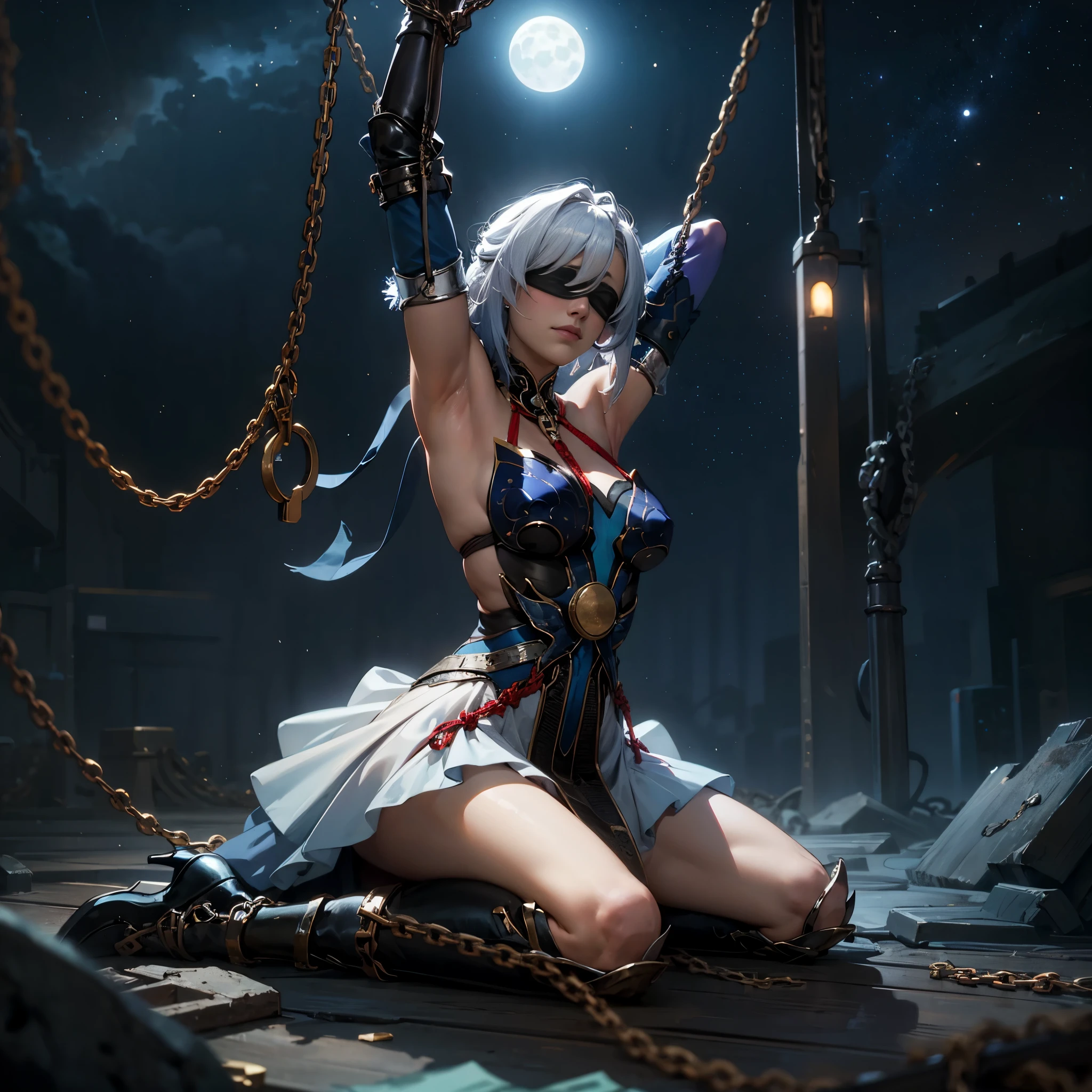 masterpiece, best quality, JingliuV5, 1girl, solo, gloves, gloves, dress, bare shoulders, closed mouth, boots, sky, black gloves, black footwear, blindfold, night sky, full moon, elbow gloves, armpits, arms up, ((chain, bound, restrained:1.3)), sitting, wariza, night, starry sky, sky, cowboy shot, view from below, far shot