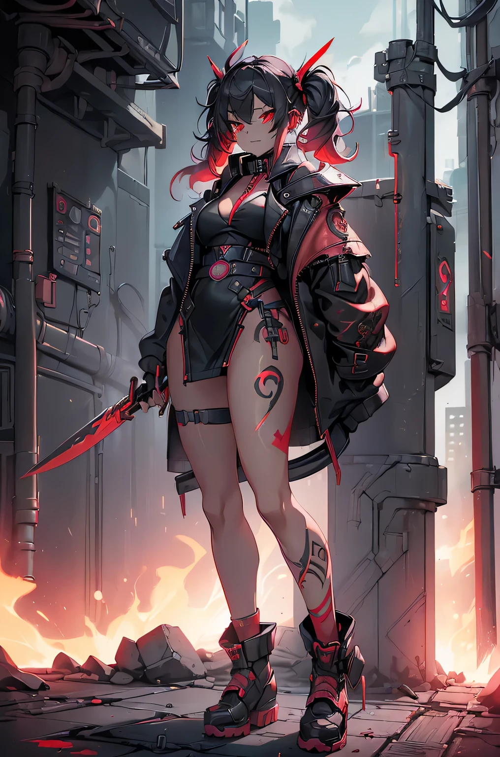 One girl, Rebecca \(cyber punk\), (((full body:1.5),Dynamic Angle,He holds a weapon in his right hand, raised it to his shoulder, and carries it on his shoulder.,Holding a hammer in your hand:1.5)),(One Woman,(Pink twisted twin tails), glowing Red eyes,Laugh fearlessly, Leg Tattoos, Neck Tattoo,  Large Breasts, Black bra, String, Red pupils, Leather Fang, Red eyes, Black jacket:1.35),cyber punk,cyber cityscape,