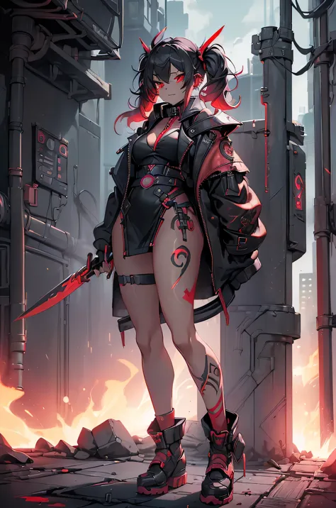 one girl, rebecca \(cyber punk\), (((full body:1.5),dynamic angle,he holds a weapon in his right hand, raised it to his shoulder...