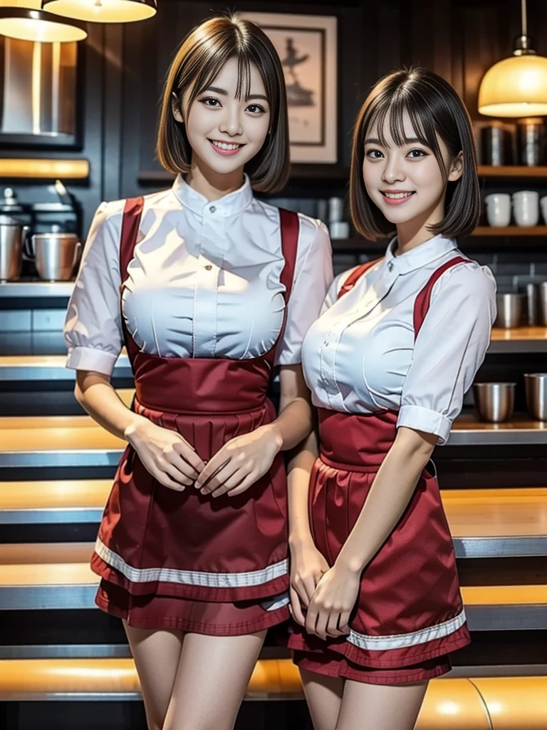 (highest quality),(8K),(masterpiece),(high resolution),(Crisp image quality),(Photorealistic:1.3),Three Women,The background is a cafe,Cafe attendant costume,Larger breasts、Short Hair,Full Body Shot,Waitress Uniform,smile