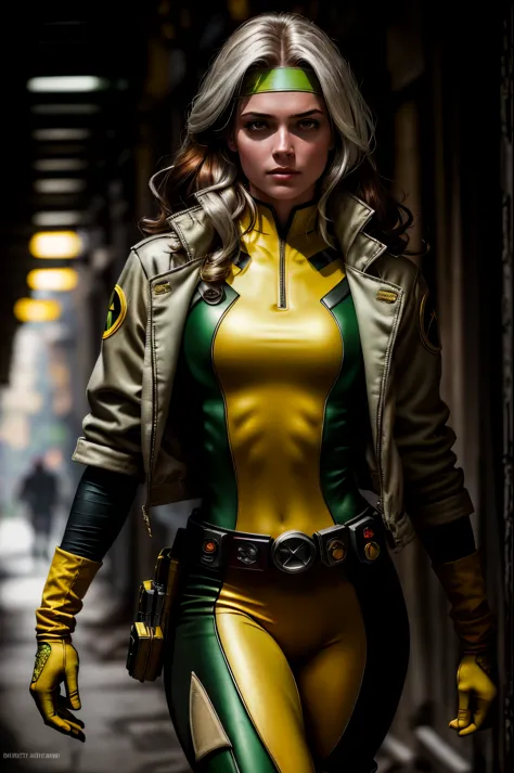 (dark shot: 1.1), epic realistic, rogue from x-men, 1 girl, only 1, beautiful, serious look, auburn hair, (one white streak of h...