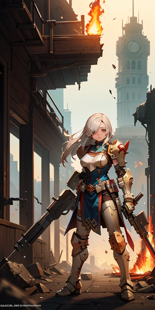 (masterpiece:1.2), (best quality:1.2), perfect eyes, perfect face, perfect lighting, 1girl, mature whsororitas with a laser rifle in her hands, scar over one eye, eyepatch, red tabard, white hair, warhammer 40k, chaos, fire, scifi, detailed ruined city background, power armor