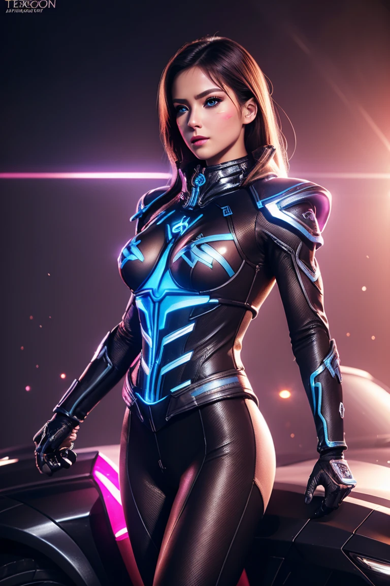 TRON costume sexy clothes transparent. professionally retouched, soft lighting, realistic, smooth face, perfect eyes, sharp focus on eyes, 8 k, high definition, insanely detailed, intricate, elegant. in a natural background.female_service_cap
brown_eyes
pink_facial_mark
white_gloves