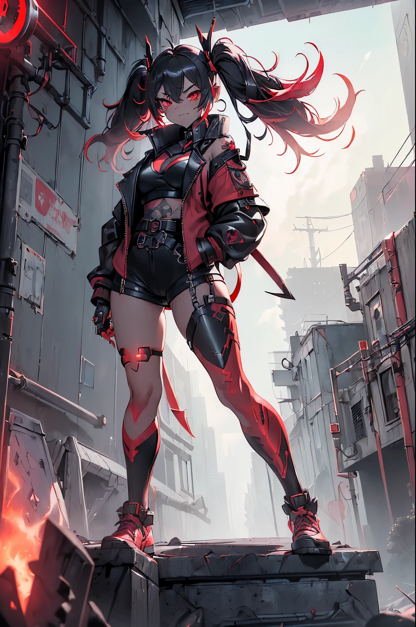 Une fille, rebecca \(cyberpunk\), (((tout le corps:1.5),angle dynamique,Il tient une arme dans sa main droite, il l&#39;a porté à son épaule, et le porte sur son épaule.,Tenir un marteau à la main:1.5)),(Une femme,(Queues jumelles torsadées roses), glowing les yeux rouges,rire sans crainte, tatouages sur les jambes, tatouage au cou,  gros seins, soutien-gorge noir, chaîne, pupilles rouges, Croc de cuir, les yeux rouges, veste noire:1.35),cyberpunk,cyber-paysage urbain,