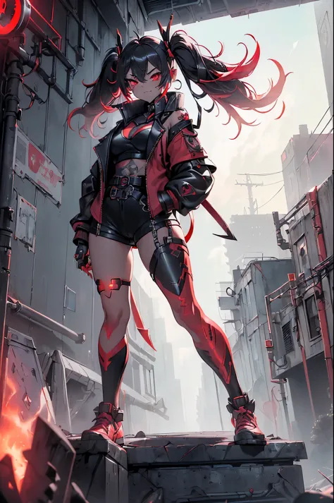 one girl, rebecca \(cyber punk\), (((full body:1.5),dynamic angle,he holds a weapon in his right hand, raised it to his shoulder...