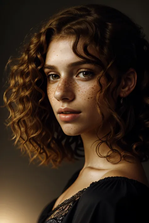 a photographic portrait of a beautiful girl with curls and lots of freckles, (cabelo loiro sujo:1.10), (retrato de rosto:1.5), d...