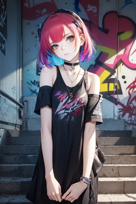 1girl, wear casual clothes with accessories, bare shoulders, choker, (graffiti:1.2), staircase, looking at viewer, armband, head...