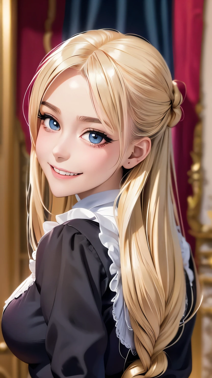 18 year old beautiful girl, big eyes, large breasts,  and slender, 8K, top quality, (very detailed head: 1.0), (very detailed face: 1.0), (very detailed hair: 1.0), maid clothes, very detailed official artwork, anime moe art style, clean detailed anime art, smile, golden hair, smooth long hair