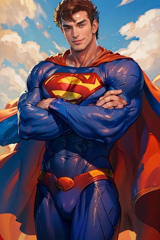 (masterpiece, best quality:1.2), cowboy shot, solo, male focus, 1boy, muscular male, smile, looking at viewer, crossed arms, supermansuit, blue bodysuit, cape, blue clouds, sky