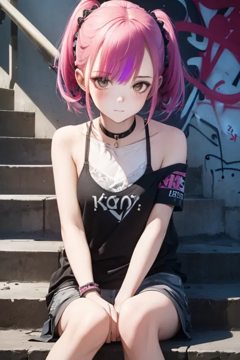 1girl, Wear casual clothes with bare shoulders, accessories, choker, (graffiti:1.2), staircase, looking at viewer, armband, blus...