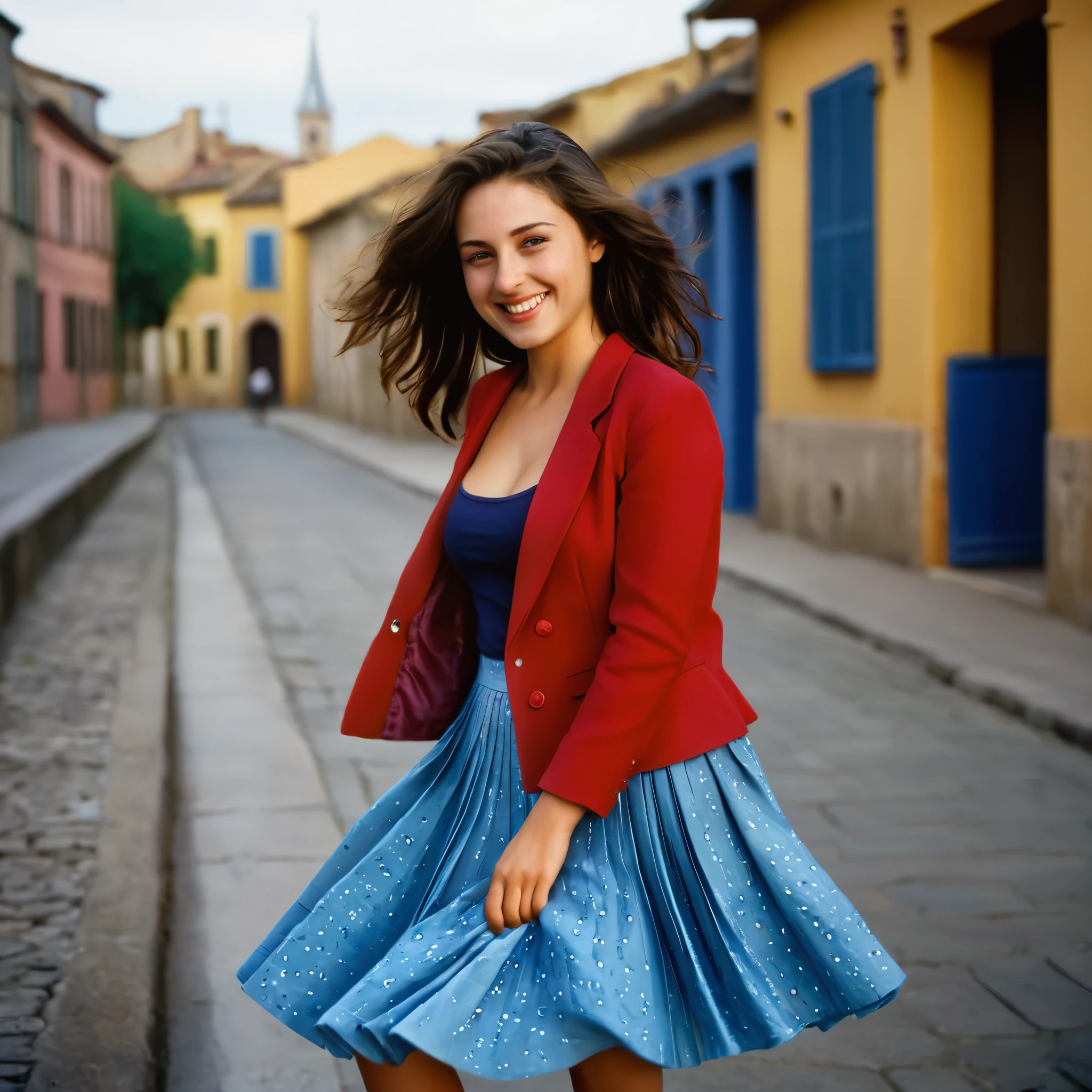 A smiling, authentic, (shy:1,3), kind, beautiful woman, is passionately in love with her skirt, loving while wind lifts her skirt, wearing short blazer and very, very detailed (long (fully pleated) full circle skirt) and (low heeled court shoes), very, very intricate hyper-detailed symmetric (attractive graceful young feminine face) with (sad, tired eyes and a loving smile), very voluptuous breasts, full of empathy and compassion and love, (pronounced (feminine) features), (highly detailed ultra accurate realistic) hands and fingers, (windy), epic composition, highly detailed attributes, (35mm f1.4 Kodak portra 400 photograph), extremely high quality RAW photograph, highly detailed atmosphere, cinematic shot, dynamic lighting, 75mm, Technicolor, Panavision, cinemascope, sharp focus, fine details, 8k, HDR, realism, realistic, key visual, film still, superb cinematic color grading, depth of field