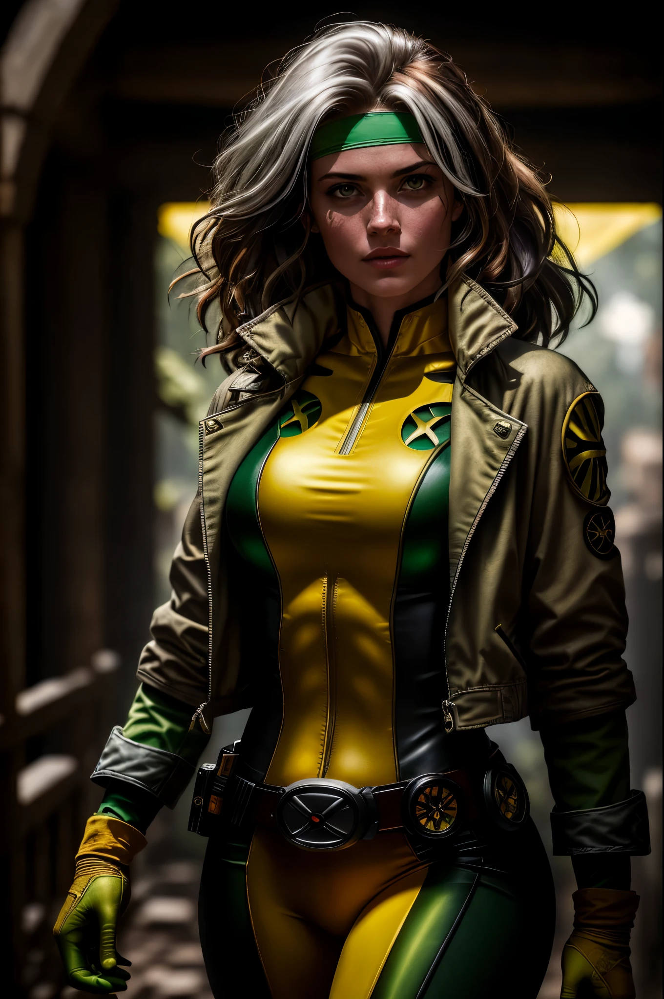 (dark shot: 1.1), epic realistic, Rogue from X-Men, 1 girl, only 1, beautiful, serious look, auburn hair, (one white streak of hair), green eyes, green headband, green and yellow bodysuit, jacket, belt, yellow gloves, open jacket, yellow boots, night time, mexican hacienda background, art by Greg Rutkowski, soft cinematic light, Adobe Lightroom, darkroom, HDR, intricate, highly detailed, (depth of field: 1.4), faded, (neutral colors: 1.2), (hdr: 1.4), (muted colors: 1.2), hyper-detail (artstation: 1.4), cinematic, warm light, dramatic light (complex details: 1.1)