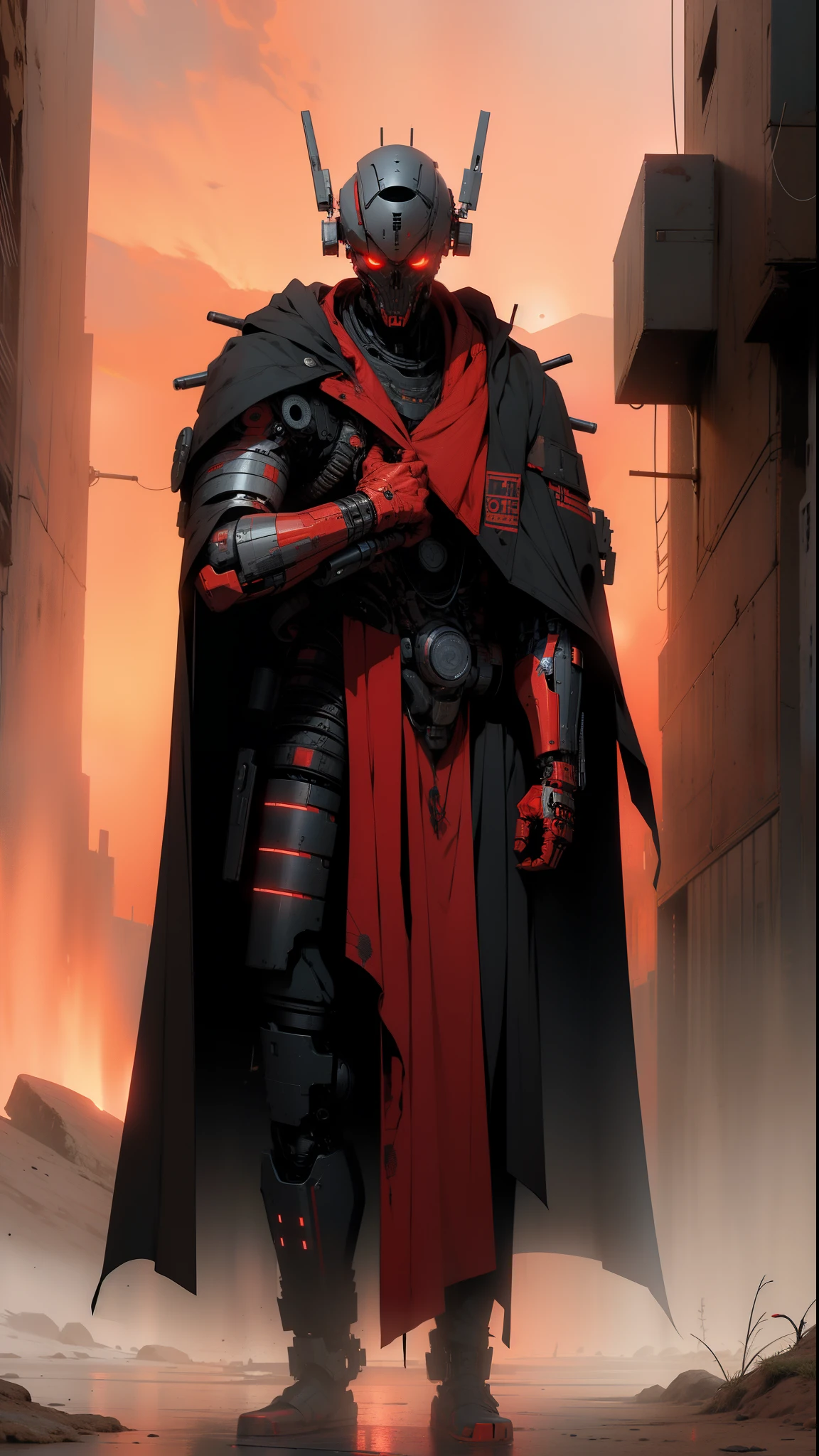 derpd, lethal cyborg assassin wearing robes armor, danger, red sky,post apocalypse 