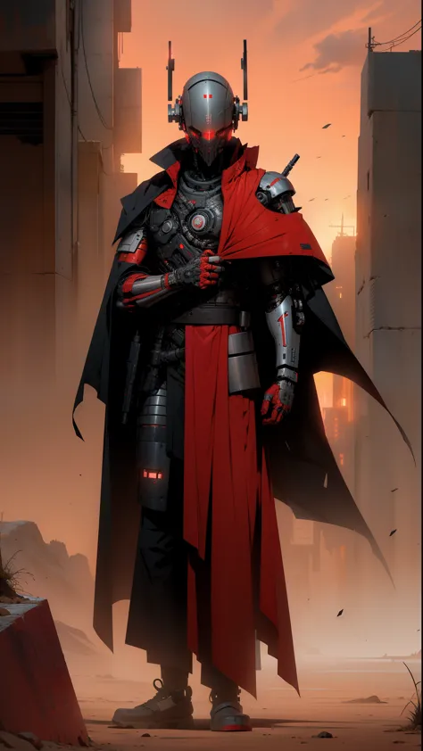 derpd, lethal cyborg assassin wearing robes armor, danger, red sky,post apocalypse