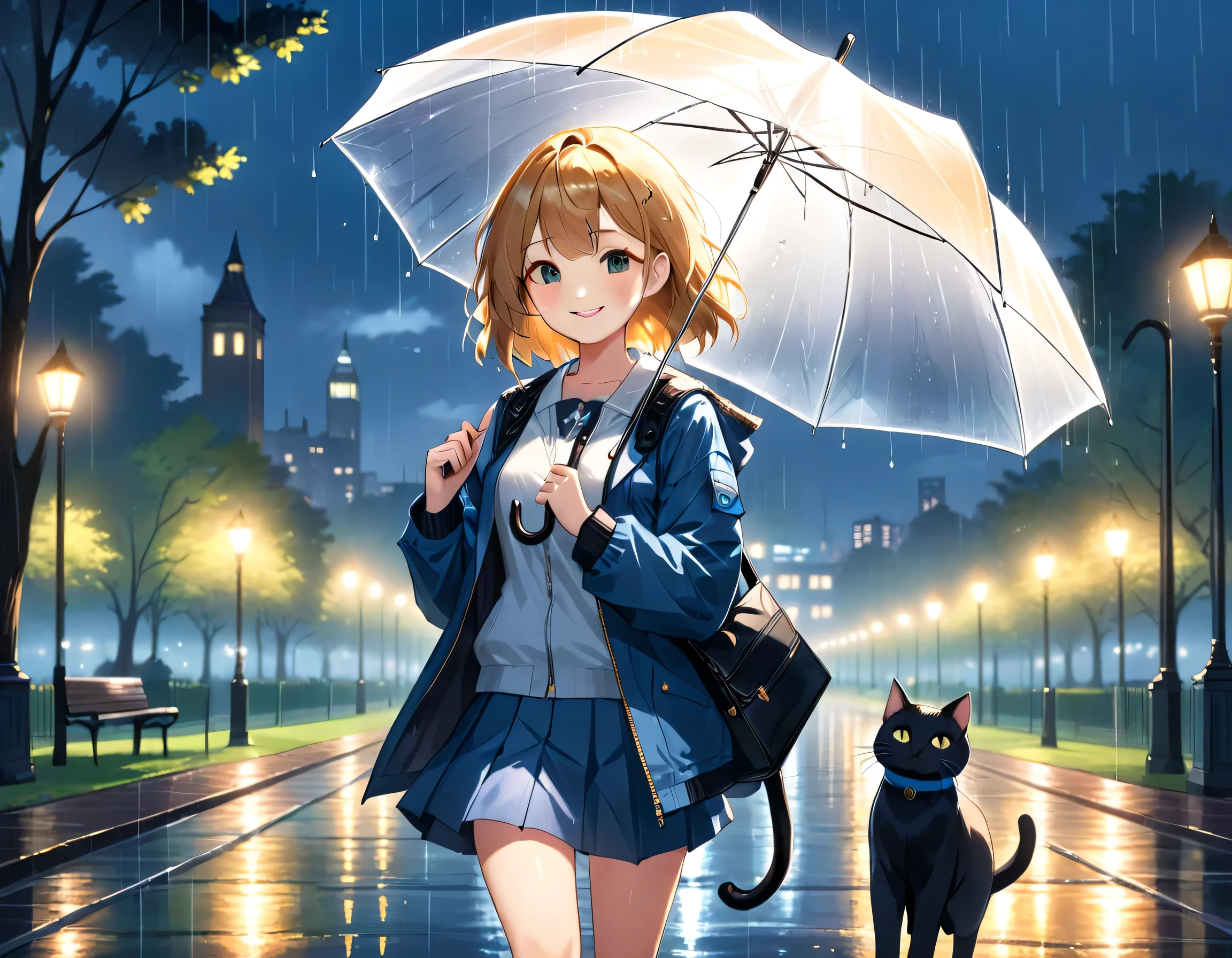 (걸작, 최고의 품질, 8K), 
공원에 있는 소녀와 고양이의 그림, 비가 오고 있는데 그녀는 우산을 들고 있다, 어두운 저녁, 확산된 도시의 빛이 빛나는, 재킷, 미니 스커트, 어깨에 매는 가방, 고양이를 위해 우산을 들고 있다, 웃고있는