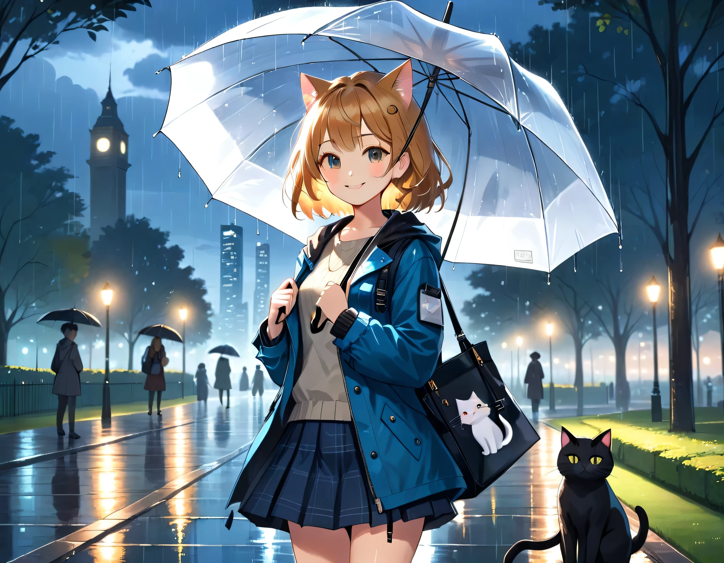 (傑作, 最高品質, 8k), 
公園にいる女の子と猫のイラスト, 雨が降っていて彼女は傘を持っています, 薄暗い夜, 拡散した街の光が輝く, ジャケット, ミニスカート, ショルダーバッグ, 猫に傘を差しかける, 笑顔, 詳細な絵が描かれた猫.