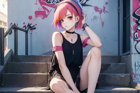 1girl, Wear casual clothes with bare shoulders, accessories, choker, (graffiti:1.2), staircase, looking at viewer, armband, blus...