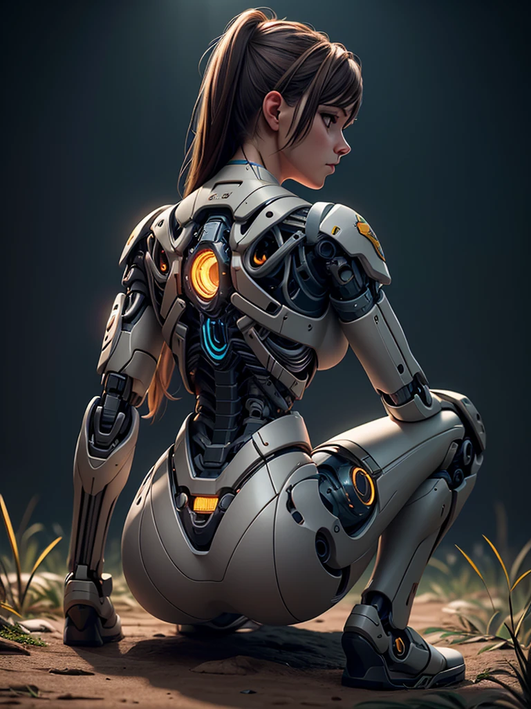 A photo of lost knackered gorgeous female military soldier cyborg sit down on the Savana, back light, insanely detailed and intricate, octane render, unreal engine, hyper realistic photo, high definition, 32 K, Nat Geo photography style