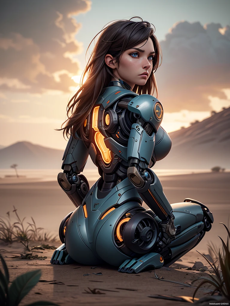 A photo of lost knackered gorgeous female military soldier cyborg sit down on the Savana, back light, insanely detailed and intricate, octane render, unreal engine, hyper realistic photo, high definition, 32 K, Nat Geo photography style