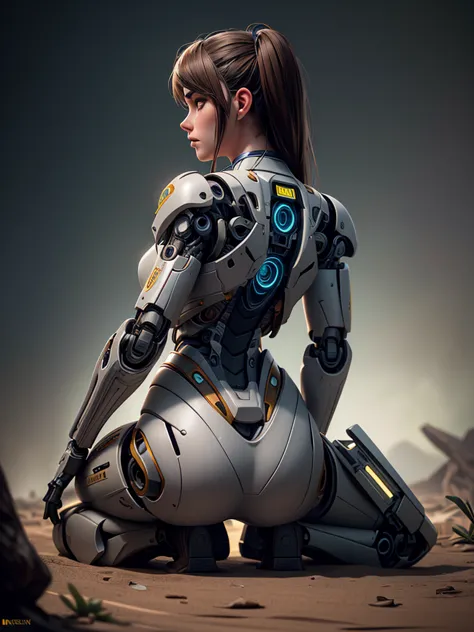 A photo of lost knackered gorgeous female military soldier cyborg sit down on the Savana, back light, insanely detailed and intr...